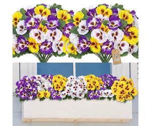 SOMYTING 12 Pcs Artificial Pansies for Outdoor Artificial Silk Flowers UV Resistant Faux Flowers Plastic Plants for Front Porch Garden Window Box Hanging Planter Decoration (Yellow White Purple)