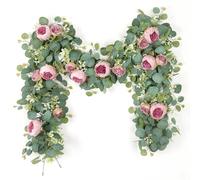 SOMYTING 2Pcs 13.1FT Artificial Eucalyptus Flower Garland with Fake Rose Flower Vine Seeded Eucalyptus Leaves Greenery Garland for Wedding Table Backdrop Party Centerpiece Room Decor (Vintage Pink)