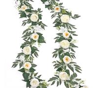 SOMYTING 2pcs Artificial Eucalyptus Flower Garland with Fake Rose Flower Vine Seeded Eucalyptus Leaves Greenery Garland for Wedding Table Backdrop Party Centerpiece Room Decor (White)