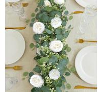 SOMYTING 4 Pcs 26.2FT Artificial Eucalyptus Flower Garland with Fake Rose Flower Vine Seeded Eucalyptus Leaves Greenery Garland for Wedding Table Backdrop Party Centerpiece Room Decor （White）