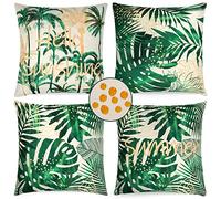 SOMYTING 4pcs Waterproof Cotton Linen Cushion Covers 45x45cm Green Leaves Tropical Leaf Pattern Decorative Sofa Bed Office Patio Porch Country House Style Decoration