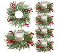 SOMYTING 8pcs Christmas Candle Rings, 27cm Artificial Red Berries Snowy Pine Needles Garland Wreaths for Pillars Rustic Christmas Table Front Door Decoration
