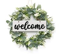 SOMYTING Artificial Eucalyptus Wreath with Wooden Welcome Sign,16 Inch Spring wreaths for front door Wall Hanging Accessories Summer Wreath (White Sign)