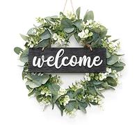 SOMYTING Artificial Eucalyptus Wreath with Wooden Welcome Sign,16 Inch Welcome door wreath Spring wreaths for front door Wall Hanging Accessories Summer Wreath (Brown Sign)