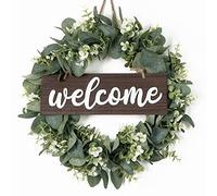 SOMYTING Artificial Eucalyptus Wreath with Wooden Welcome Sign,16 Inch Welcome door wreath Spring wreaths for front door Wall Hanging Accessories Summer Wreath (Brown Sign)