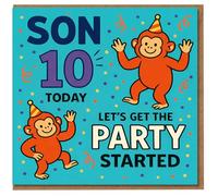 Son 10th Birthday Card - 'Son 10 Today, Let's Get the Party Started' - Fun Monkey Party Hats and Confetti Design