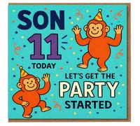 Son 11th Birthday Card - Cheeky Monkeys Party Hats - 'Son 11 Today, Let's Get The Party Started'