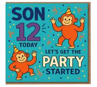 Son 12th Birthday Card - Cheeky Monkeys Party Theme - 'Son 12 Today, Let's Get the Party Started' - Fun Kids Birthday Card