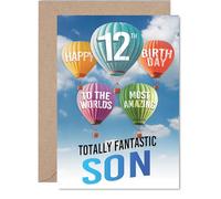 Son 12th Birthday Card - Most Amazing Hot Air Balloon - Happy Birthday Card for 12 Year Old Son from Dad Mum, A5 Balloons Stars Bday Greeting Cards