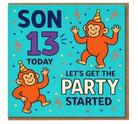 Son 13 Today Birthday Card - Cheeky Monkey Party Design with Confetti - Let's Get the Party Started - Funny Card for Teen Son