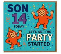 Son 14th Birthday Card - Cheeky Monkeys with Party Hats and Confetti - Let’s Get the Party Started - Fun Card for Teen Son Turning Fourteen