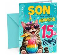 Son 15th Birthday Card Meowgical Cat Unicorn Cocktail | Large A5 Card with Printed Inside Message; Bright turquoise with a tabby cat in heart sunglasses for Son 15th Birthday