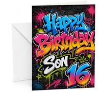 Son 16th Birthday Card Graffiti Street Art Typography | Large A5 Card with Printed Inside Message; Vibrant graffiti street-art lettering on a dark brick wall for Son 16th Birthday