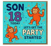 Son 18th Birthday Card - Cheeky Monkeys in Party Hats with Confetti, Let's Get the Party Started Fun Card for Teen Son