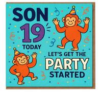 Son 19th Birthday Card - Fun Monkey Party Design with Hats and Confetti - Son 19 Today, Let's Get the Party Started