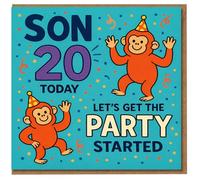 Son 20th Birthday Card - Fun Monkey Party Design with Confetti - 'Son 20 Today, Let's Get The Party Started'