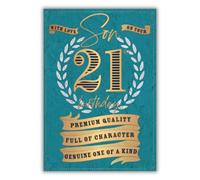 Son 21 birthday card. Teal background with gold foil embossed finish