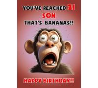Son 21st Birthday Card (Funny Monkey Humour) - From Mum Dad For Him Age Male Boy Men Animal Greeting Blank Inside Envelope Included Gift Idea UK