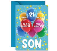 Son 21st Birthday Card - Worlds Most Amazing - Happy Birthday Card for 21 Year Old Son from Dad Mum, A5 Balloons and Stars Bday Greeting Cards