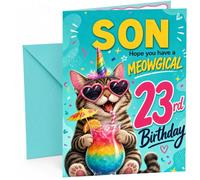 Son 23rd Birthday Card Meowgical Cat Unicorn Cocktail | Large A5 Card with Printed Inside Message; Bright teal with a tabby cat in heart sunglasses for Son 23rd Birthday