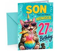 Son 27th Birthday Card Meowgical Unicorn Cat Cocktail | Large A5 Card with Printed Inside Message; Bright turquoise for Son 27th Birthday