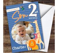 Son 2nd Blue Party Safari Animals Photo Boys Custom Personalised Birthday Card - Personalised Birthday Card For 2nd Birthday, Custom Birthday Card
