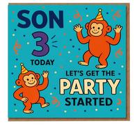 Son 3 Today Birthday Card for Son - Cheeky Monkeys, Party Hats and Confetti, 'Let's Get the Party Started'