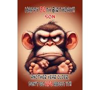 Son 30th Birthday Card (Funny Grumpy Angry Monkey) - From Mum Dad For Him Age Male Boy Man Animal Humour Greeting Blank Inside Envelope Included Gift Idea UK
