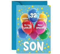 Son 32nd Birthday Card - Worlds Most Amazing - Happy Birthday Card for 32 Year Old Son from Dad Mum, A5 Balloons and Stars Bday Greeting Cards
