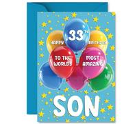 Son 33rd Birthday Card - Worlds Most Amazing - Happy Birthday Card for 33 Year Old Son from Dad Mum, A5 Balloons and Stars Bday Greeting Cards