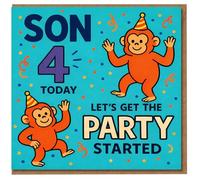 Son 4 Today Birthday Card - Cheeky Party Monkeys, Let's Get the Party Started - 4th Birthday Card for Son