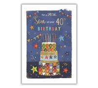 Son 40th Birthday Card - Age 40 - Special Son - Cake and Stars Design - Special Finishes and Illustrated Insert Leaf - Made in the UK - Eco-Friendly