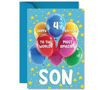 Son 4th Birthday Card - Worlds Most Amazing - Happy Birthday Card for 4 Year Old Son from Dad Mum, A5 Balloons and Stars Bday Greeting Cards