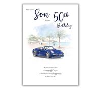 Son 50th Birthday Card - Age 50 - Special Son Convertible Sports Car Design - Special Finishes and Illustrated Insert Leaf - Made in the UK - Eco-Friendly