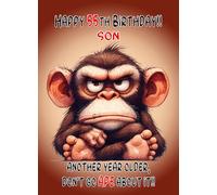Son 55th Birthday Card (Funny Grumpy Angry Monkey) - For Him Age Male Boy Man Animal Humour
