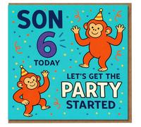Son 6th Birthday Card - Cheeky Monkeys Party Design - 'Son 6 Today Let's Get the Party Started'
