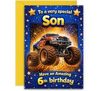 Son 6th Birthday Card - Monster Truck Design Age 6 Son Boy - UK Designed and Printed - A5 Size Card with Yellow Envelope