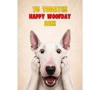 Son 75th Birthday Card (Funny Surprised English Bull Terrier Dog)