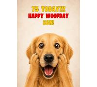 Son 75th Birthday Card (Funny Surprised Golden Retriever Dog)