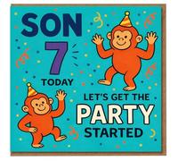 Son 7th Birthday Card - Cheeky Monkey Party Design - 'Let's Get The Party Started' - Kids Birthday Card for Boy Age 7