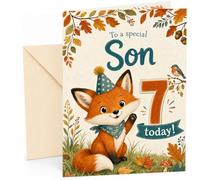 Son 7th Birthday Card Cute Fox in Party Hat Woodland | Large A5 Card with Printed Inside Message; Autumn woodland with a cute party fox, robin and mushrooms for Son 7th Birthday