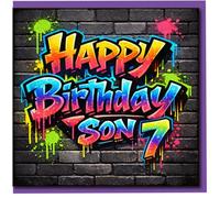 Son 7th Birthday Card - Graffiti Street Art, Bright Neon Spray Paint - Happy Birthday Son Age 7 Greeting Card for Boys with Envelope