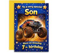 Son 7th Birthday Card - Monster Truck Design Age 7 Son Boy - UK Designed and Printed - A5 Size Card with Yellow Envelope