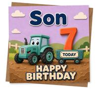 Son 7th Birthday Card, Tractor Design with 'Son 7 Today' Message, Cute Farmyard Birthday Card for Boys