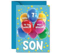Son 7th Birthday Card - Worlds Most Amazing - Happy Birthday Card for 7 Year Old Son from Dad Mum, A5 Balloons and Stars Bday Greeting Cards