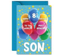 Son 8th Birthday Card - Worlds Most Amazing - Happy Birthday Card for 8 Year Old Son from Dad Mum, A5 Balloons and Stars Bday Greeting Cards