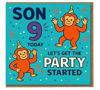 Son 9th Birthday Card - Fun Monkeys Party Design with Confetti - 'Son 9 Today, Let’s Get the Party Started'