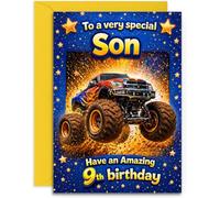Son 9th Birthday Card - Monster Truck Design Age 9 Son Boy - UK Designed and Printed - A5 Size Card with Yellow Envelope