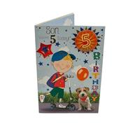 Son Age 5 Boy Riding A Scooter Juvenile Birthday Card With Badge
