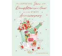 Son and Daughter-in-Law 1st Anniversary Card - First Anniversary - Champagne Bucket and Flowers - Special Finishes and Illustrated Insert Leaf - Made in the UK